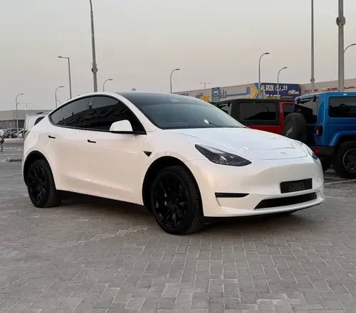 a tesla model y car parked on a brick surface